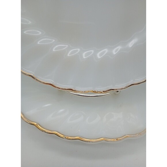 Set of 2 Anchor Hocking Fire King  Dinner Plates Swirl Gold Rim Wear Milk Glass - Picture 2 of 6